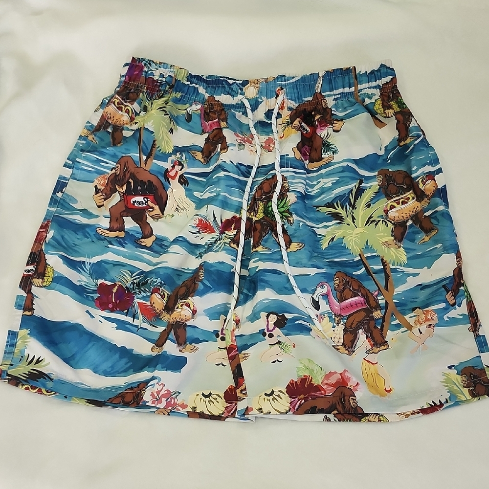 Bigfoot Sasquach Tropical Print Men's Swim Trunks Sz Med